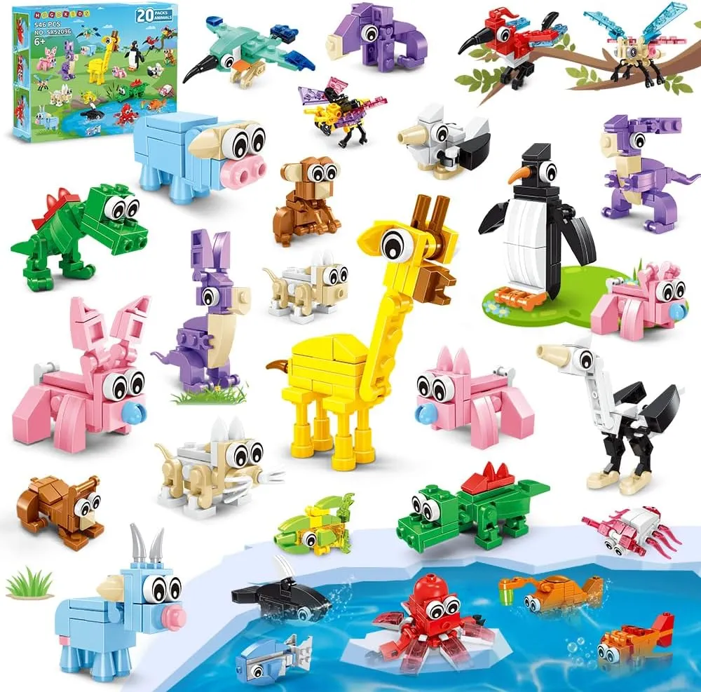 HOGOKIDS 60 Kinds Party Favors for Kids, 20 Packs Mini Animals Toy Building Block Set for Classroom Prizes Goodie Bag Stuffers Christmas Valentines Easter Birthday Gift for Boys Girls Ages 6-12
