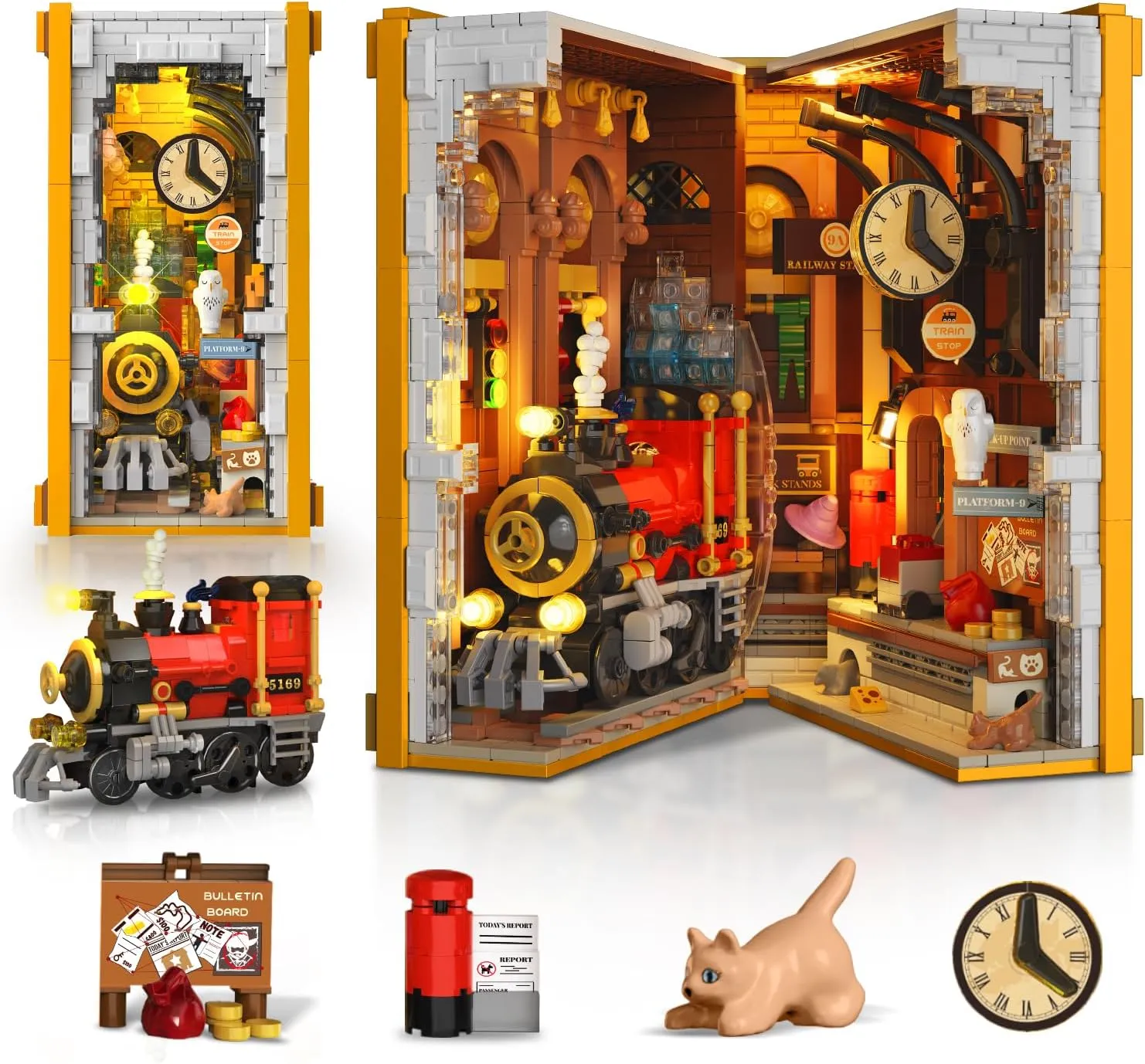 HOGOKIDS Magic Train Station Book Nook Building Set with Light, 1300 PCS Bookend Building Block Kit for Bookshelf Home Decor, DIY Miniature House Model Kit, Birthday Gifts for Adults Boys Girls Age 8 