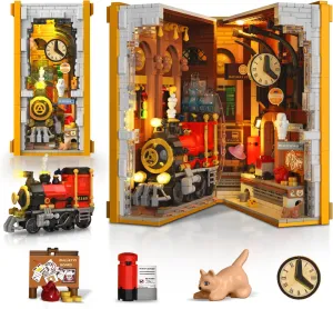 HOGOKIDS Magic Train Station Book Nook Building Set with Light, 1300 PCS Bookend Building Block Kit for Bookshelf Home Decor, DIY Miniature House Model Kit, Birthday Gifts for Adults Boys Girls Age 8 
