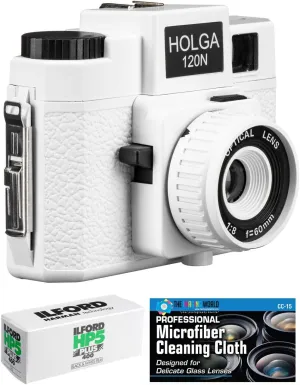 Holga 120N Medium Format Film Camera (White) with Ilford HP5 120 Film Bundle and Microfiber Cloth