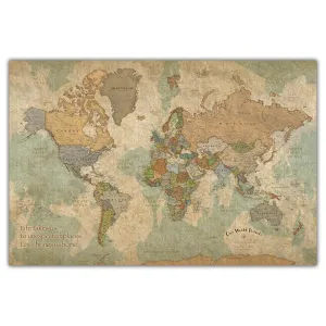 Holy Cow Canvas Personalized Push Pin World Map on Canvas in Vintage Earth Tones, Customize with Your Names and Quote, 3 Sizes, Push Pins Included, World Map Pin Board (40" x 24", Rolled)