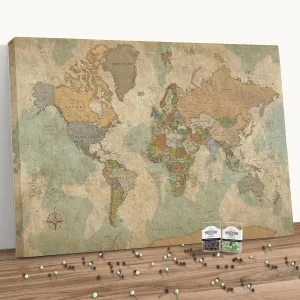 Holy Cow Canvas World Map on Canvas in Vintage Earth Tones, Travel Map with Pins to Mark Travels, World Map Pin Board, Push Pin Travel Map, Travel Map Tracker (40" x 24", Gallery Wrapped)