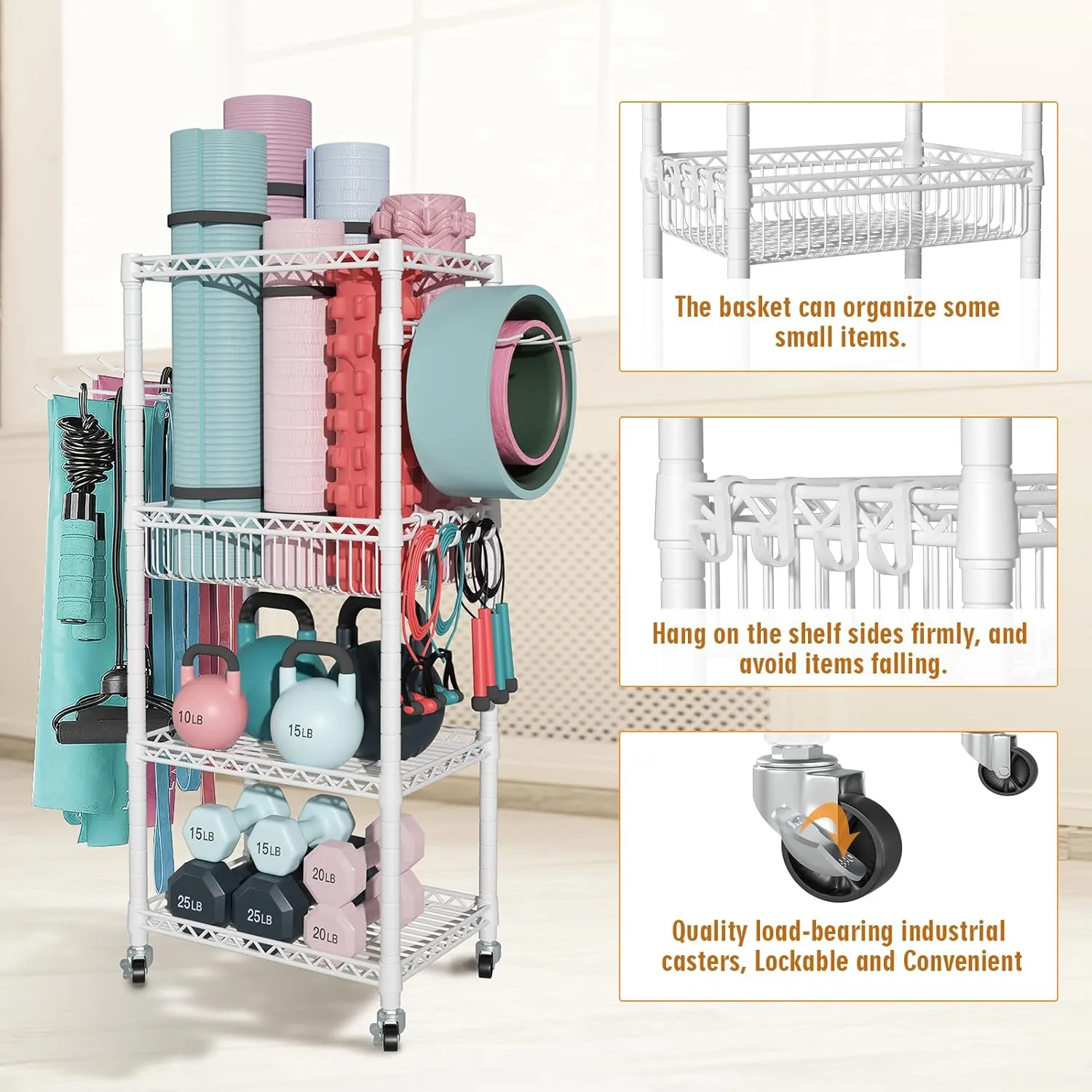 Home Gym Storage, 3 Tiers Workout Equipment Organizer with Wheels for Yoga Mats, Foam Roller, Dumbbells, Kettlebells, and Resistance Bands