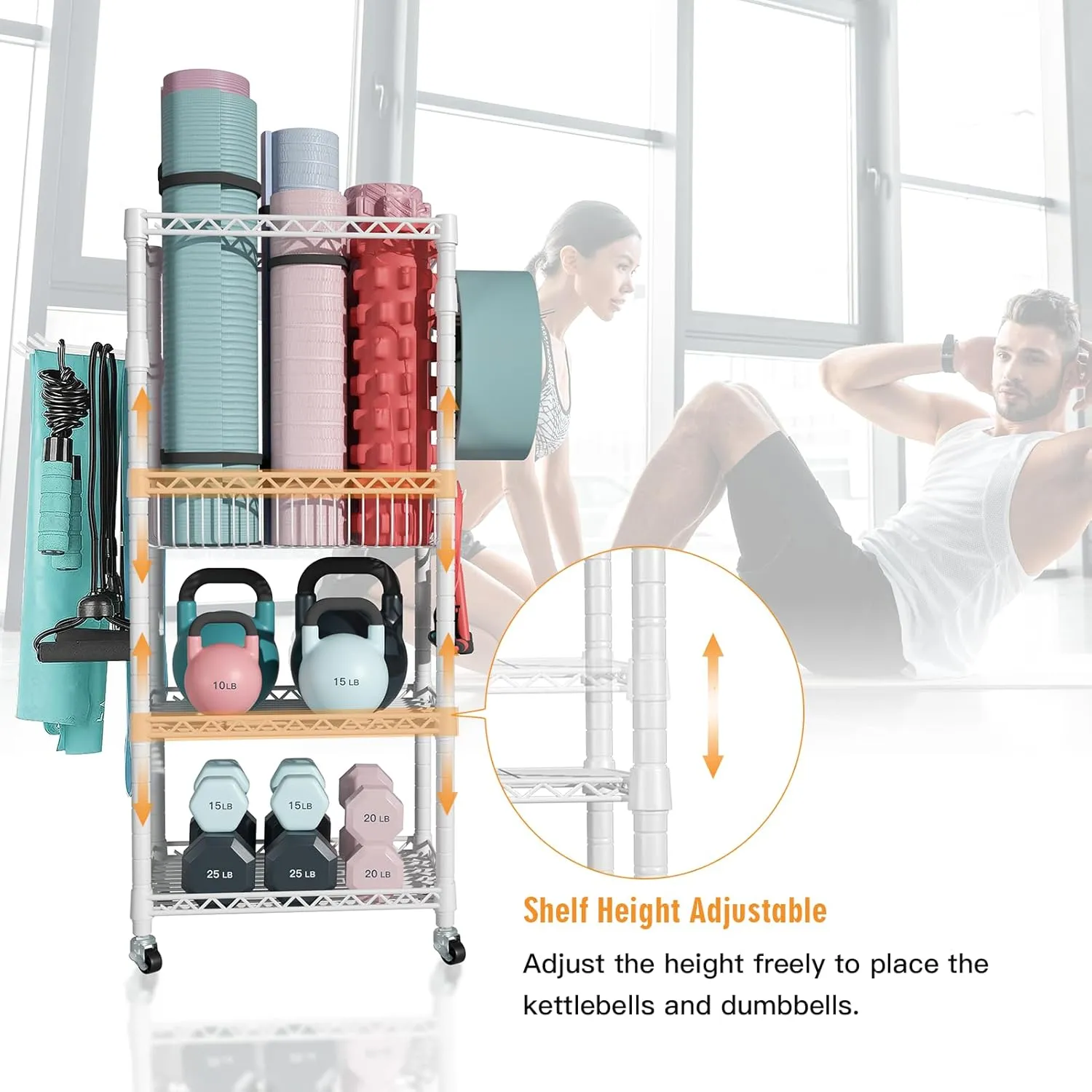 Home Gym Storage, 3 Tiers Workout Equipment Organizer with Wheels for Yoga Mats, Foam Roller, Dumbbells, Kettlebells, and Resistance Bands