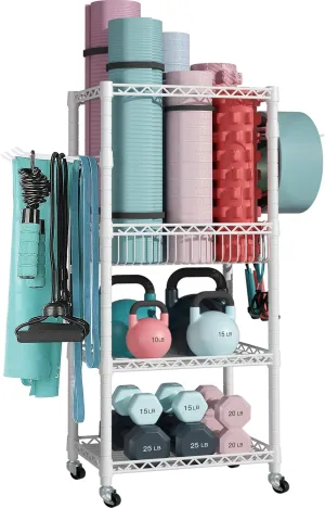 Home Gym Storage, 3 Tiers Workout Equipment Organizer with Wheels for Yoga Mats, Foam Roller, Dumbbells, Kettlebells, and Resistance Bands