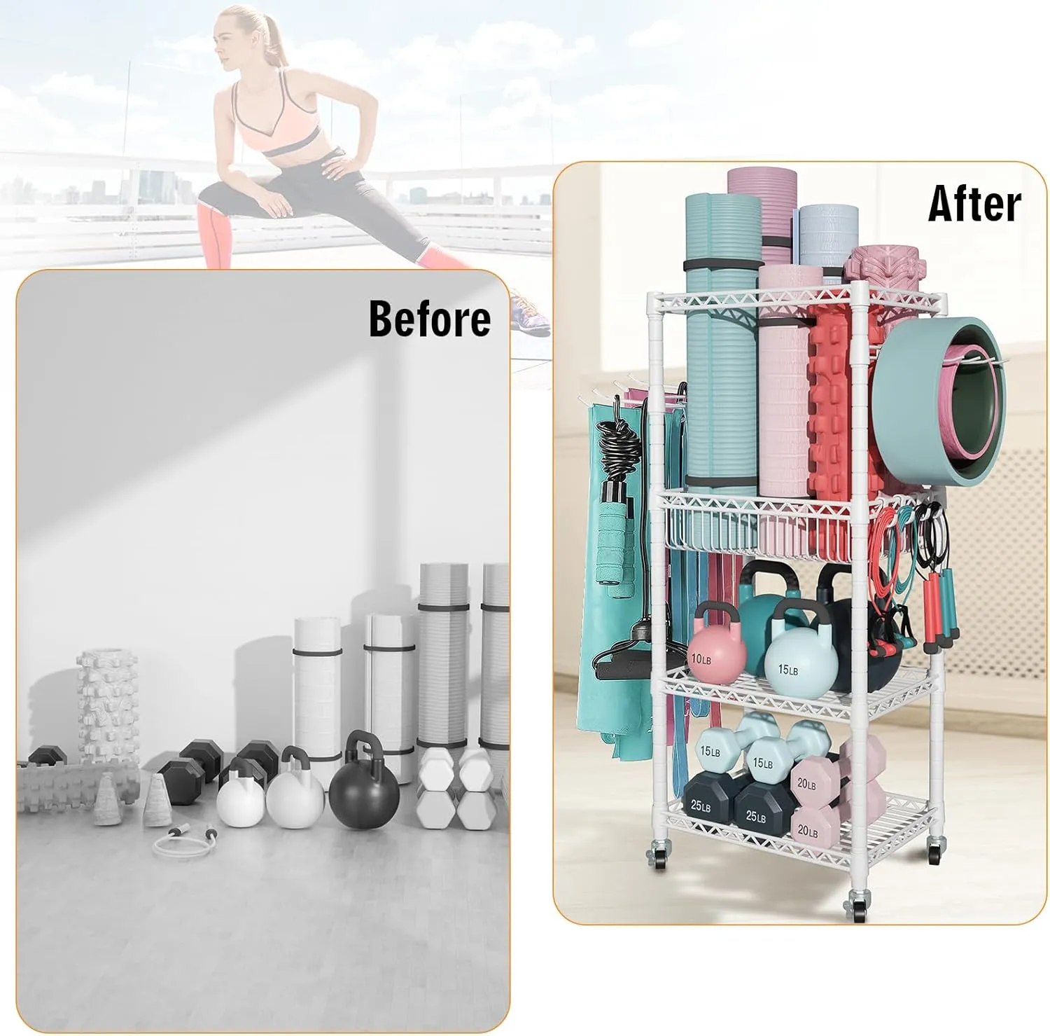 Home Gym Storage, 3 Tiers Workout Equipment Organizer with Wheels for Yoga Mats, Foam Roller, Dumbbells, Kettlebells, and Resistance Bands