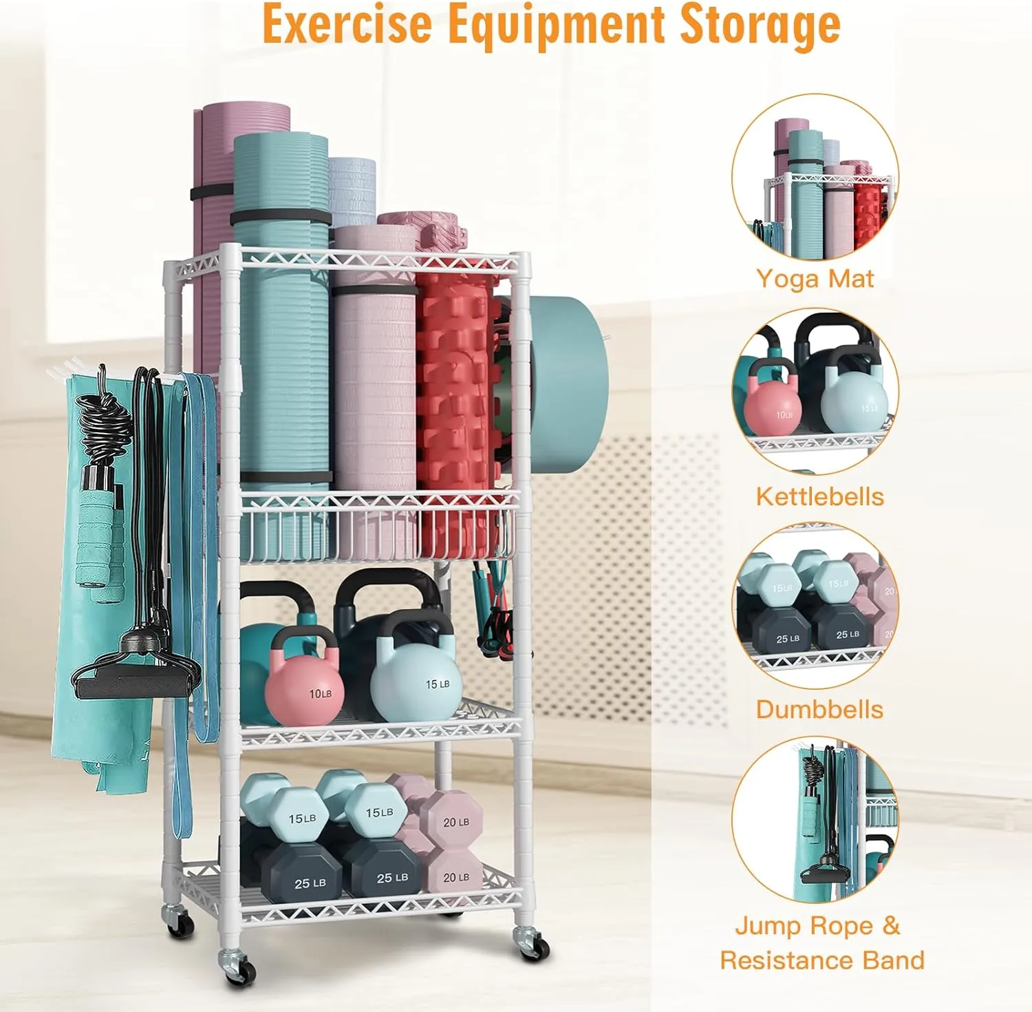 Home Gym Storage, 3 Tiers Workout Equipment Organizer with Wheels for Yoga Mats, Foam Roller, Dumbbells, Kettlebells, and Resistance Bands