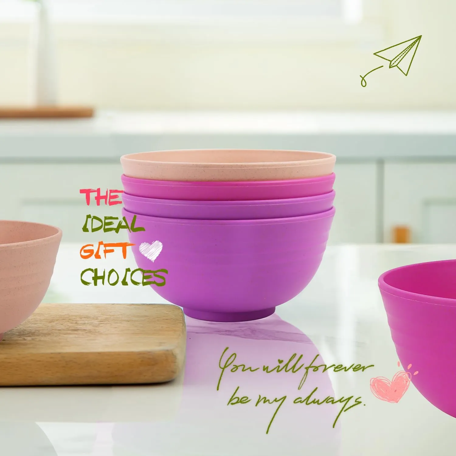 Homienly Wheat Straw Small Bowls Set of 6, Dessert Bowls, Ice Cream Bowl 10 OZ, Unbreakable Plastic Bowls for Kitchen, Snack, Soup, Side Dish, Fruits, Dishwasher Safe Appetizer Bowl(Pink Flower)
