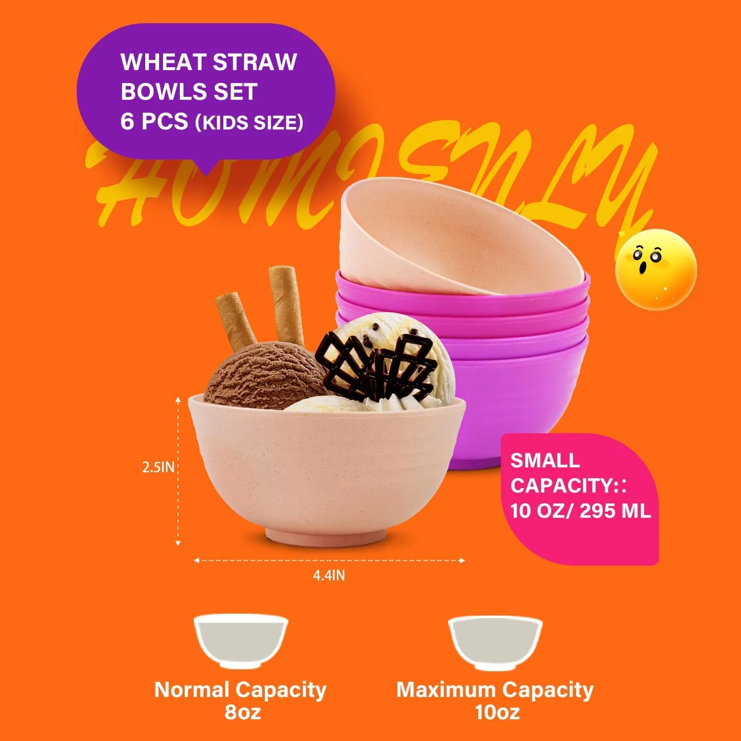 Homienly Wheat Straw Small Bowls Set of 6, Dessert Bowls, Ice Cream Bowl 10 OZ, Unbreakable Plastic Bowls for Kitchen, Snack, Soup, Side Dish, Fruits, Dishwasher Safe Appetizer Bowl(Pink Flower)