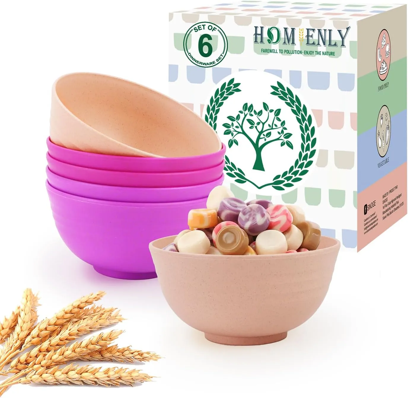 Homienly Wheat Straw Small Bowls Set of 6, Dessert Bowls, Ice Cream Bowl 10 OZ, Unbreakable Plastic Bowls for Kitchen, Snack, Soup, Side Dish, Fruits, Dishwasher Safe Appetizer Bowl(Pink Flower)