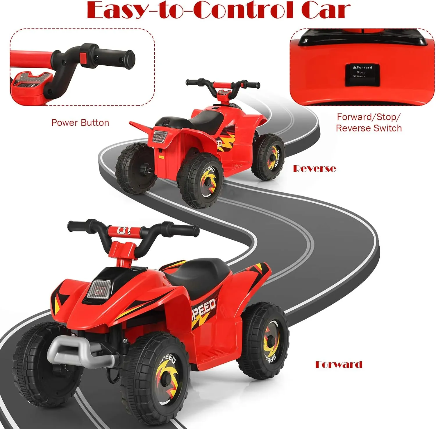 HONEY JOY Ride On ATV, 6V Mini Off-Road Battery Powered Motorized Quad for Kids, Anti-Slip Wheels, RWD 4-Wheeler Electric Ride On Toy Car for Toddlers (Red)