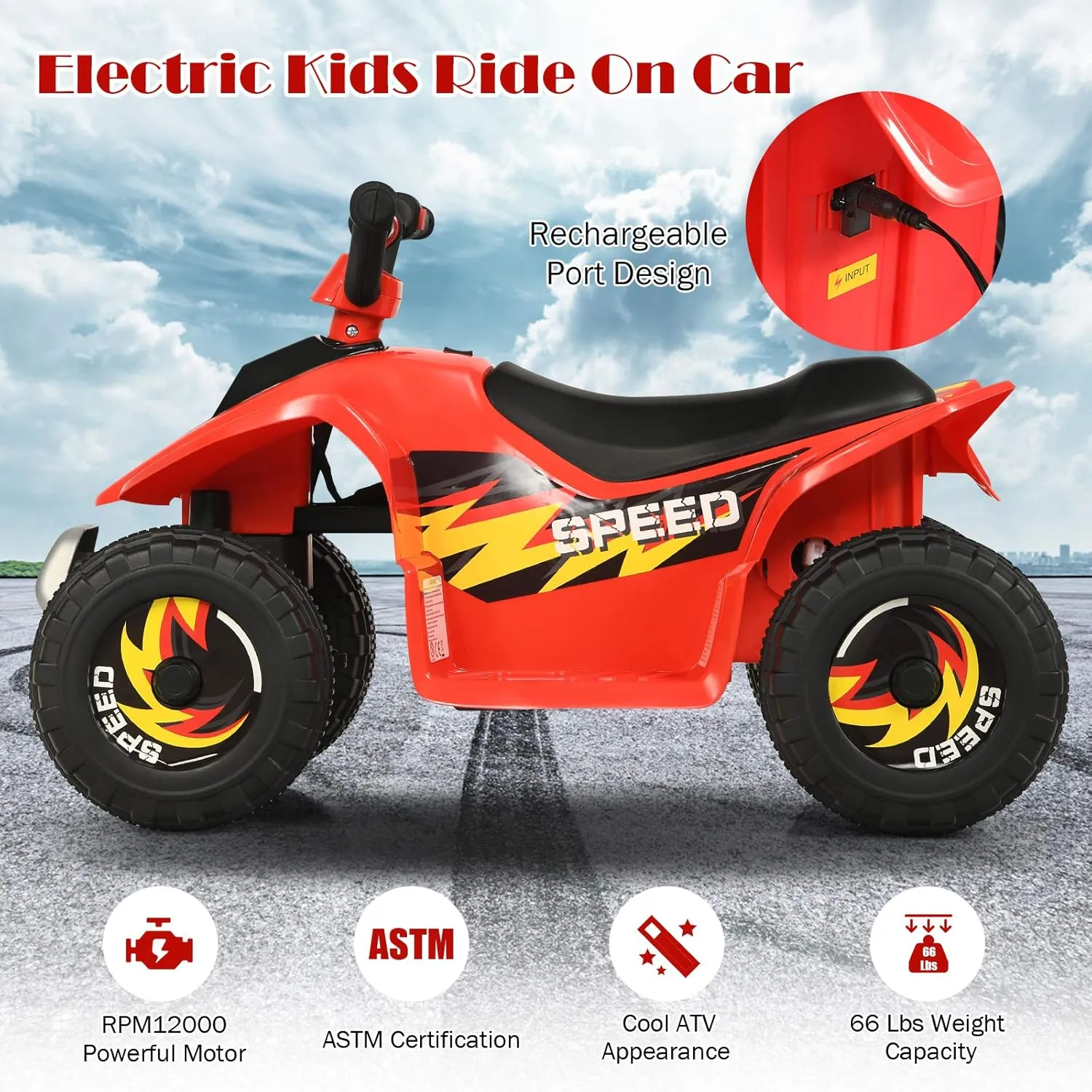 HONEY JOY Ride On ATV, 6V Mini Off-Road Battery Powered Motorized Quad for Kids, Anti-Slip Wheels, RWD 4-Wheeler Electric Ride On Toy Car for Toddlers (Red)