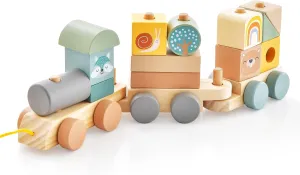 HONEY JOY Wooden Train Set, 3 Pcs Stacking Train Cars with Cute Blocks, Classic Montessori Educational Toy for Toddlers, Train Toys for Boys Girls