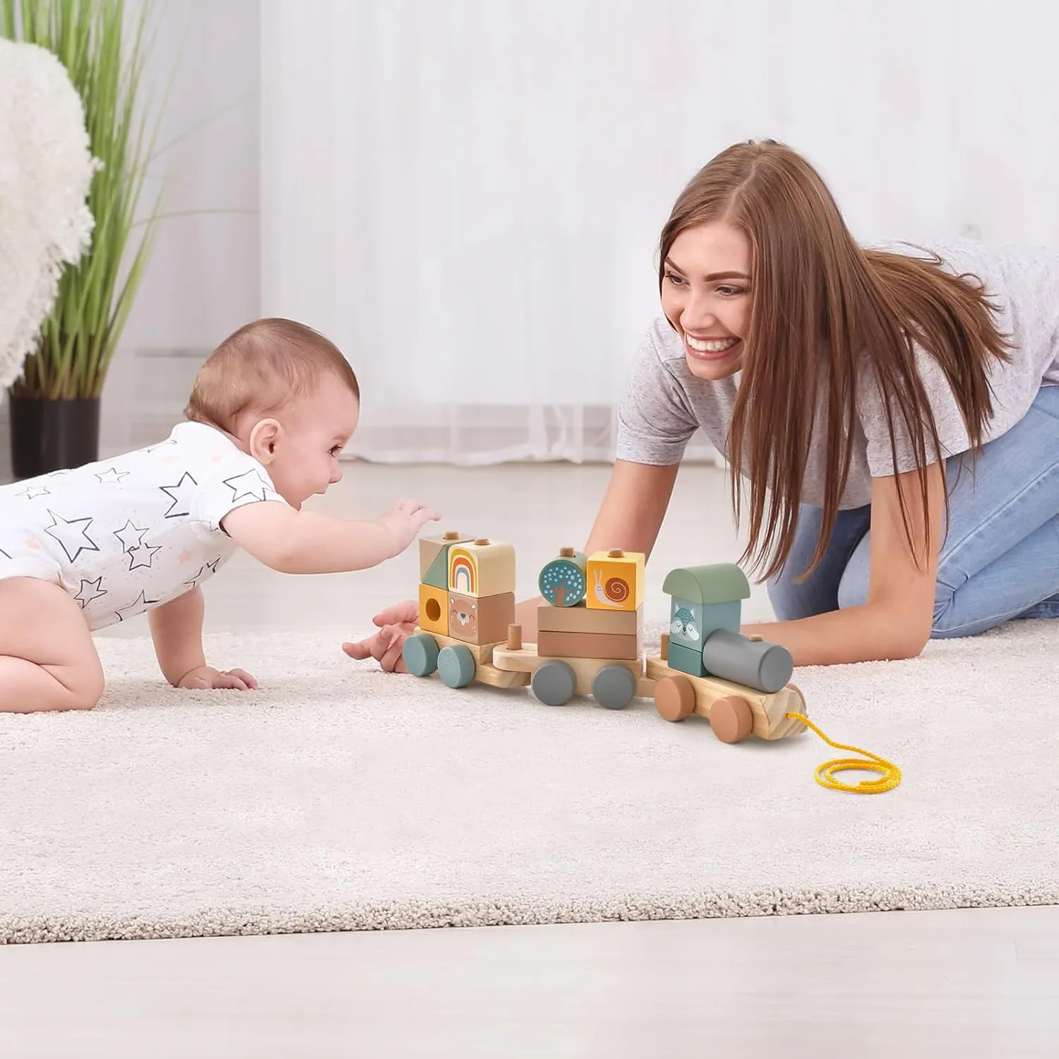 HONEY JOY Wooden Train Set, 3 Pcs Stacking Train Cars with Cute Blocks, Classic Montessori Educational Toy for Toddlers, Train Toys for Boys Girls