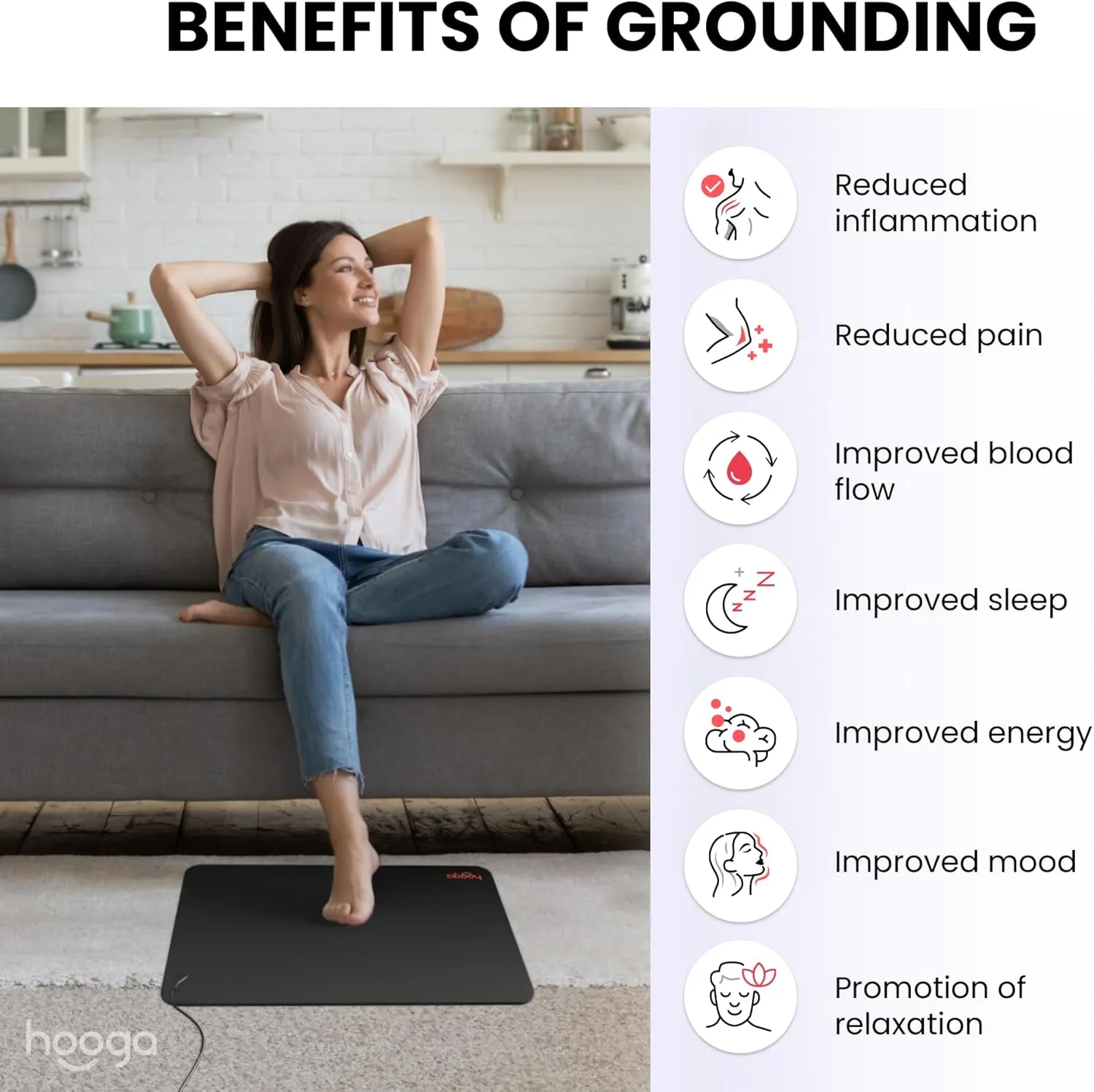 Hooga Grounding Mat – Conductive Carbon Pad for Sleep, Energy, Pain Relief, Inflammation, and Wellness. Connect to Earth Indoors. 15 Ft Grounding Cord Included, 24" x 16" Size