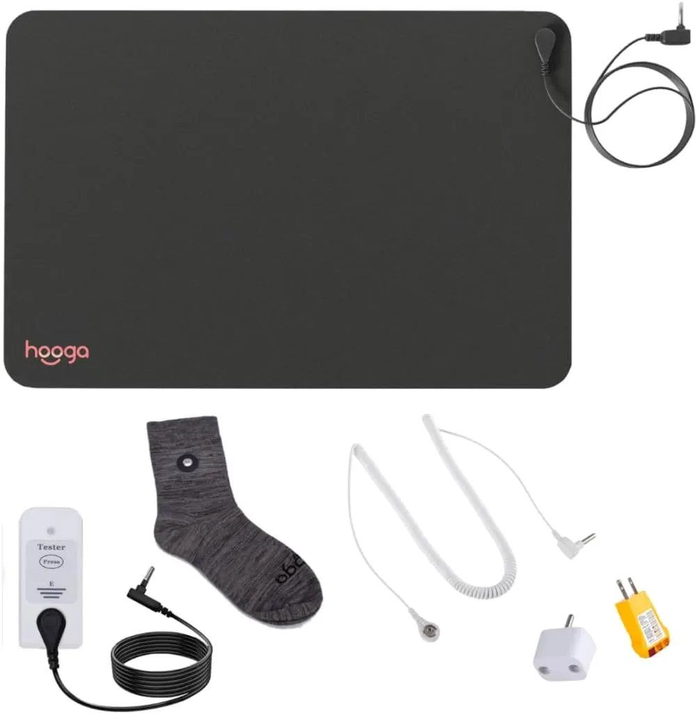 Hooga Grounding Mat Kit for Pain Relief, Energy, Sleep, Inflammation, Wellness with Conductive Socks, Adapter, Outlet Tester, Continuity Tester, Extra Grounding Cord