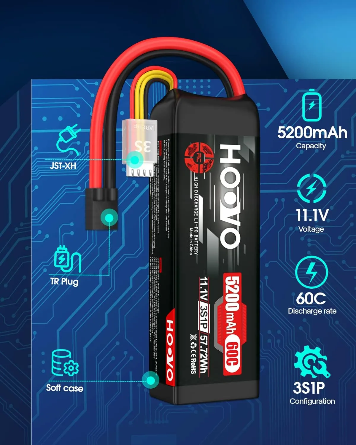 HOOVO 11.1V 3S LiPo Battery 5200mAh 60C with Tr Plug for RC Car RC Truck Airplane Helicopter Boat Car Racing RC Hobby (2 Packs