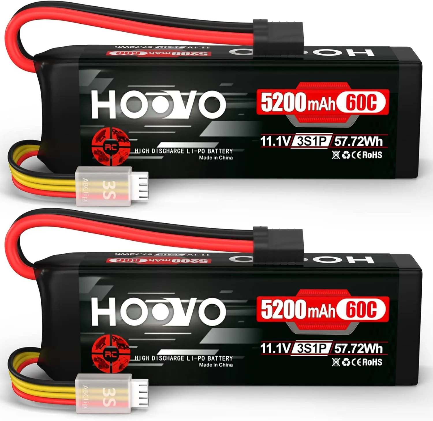 HOOVO 11.1V 3S LiPo Battery 5200mAh 60C with Tr Plug for RC Car RC Truck Airplane Helicopter Boat Car Racing RC Hobby (2 Packs