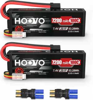 HOOVO 2S Lipo Battery 7.4V 7200mAh 100C RC Lipo Battery Pack Hard Case with TR Plug Compatible with 1/8 and 1/10 RC Truck Vehicles RC Car Truggy Buggy Racing Models-2 Pack