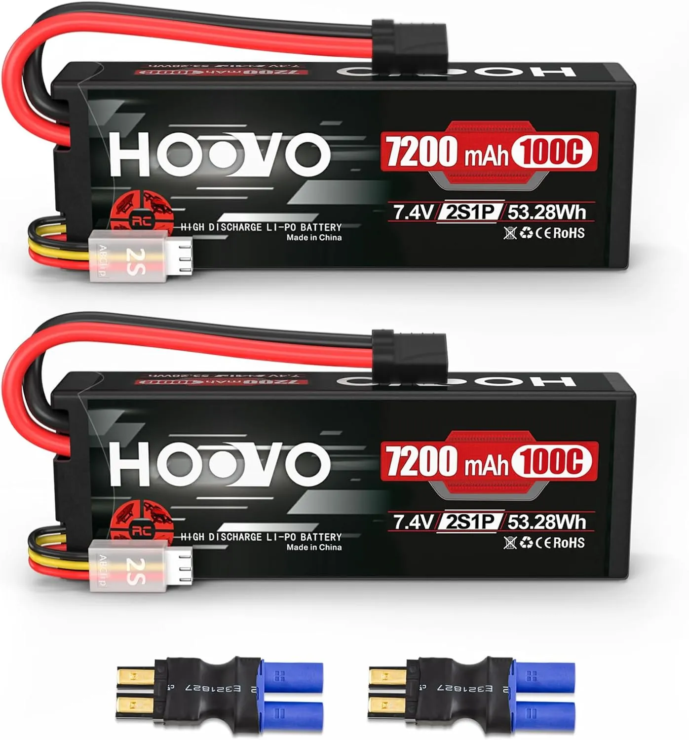 HOOVO 2S Lipo Battery 7.4V 7200mAh 100C RC Lipo Battery Pack Hard Case with TR Plug Compatible with 1/8 and 1/10 RC Truck Vehicles RC Car Truggy Buggy Racing Models-2 Pack