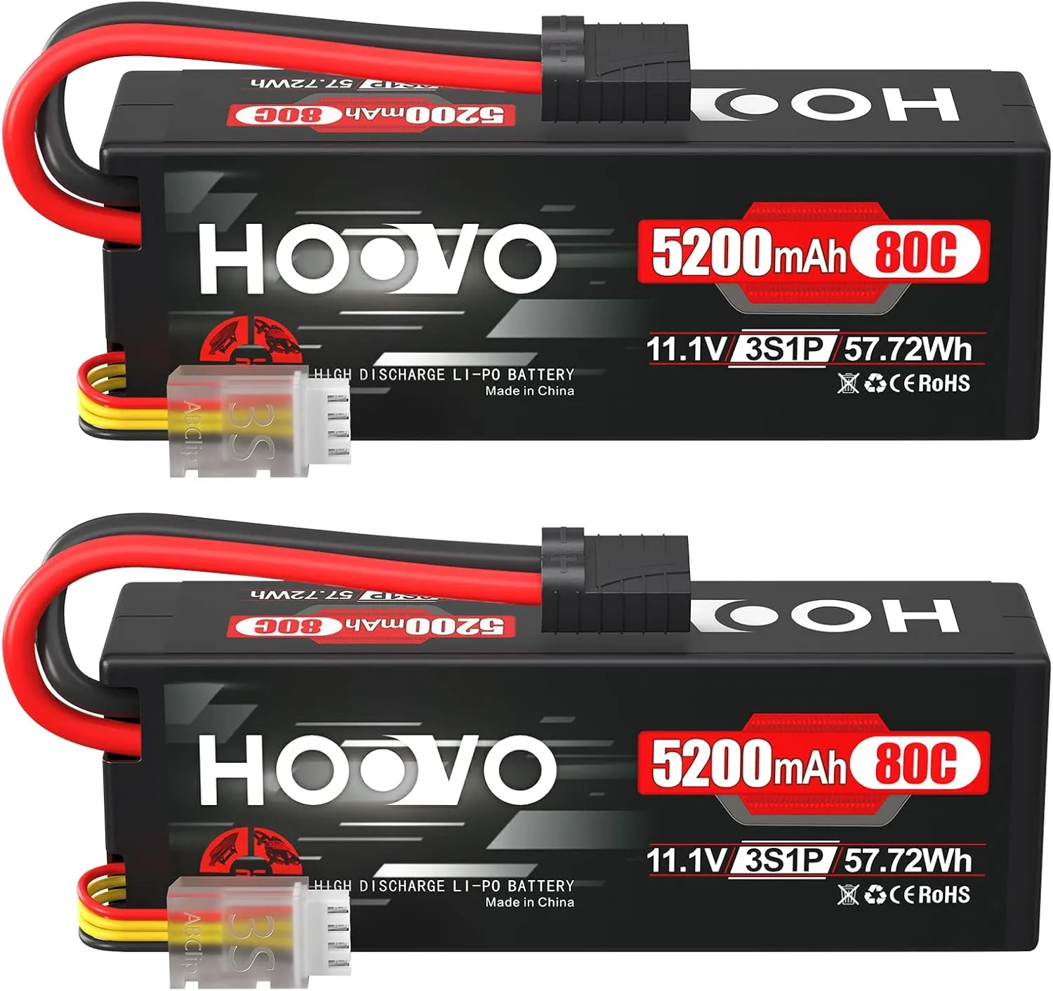 HOOVO 3S 11.1V Lipo Battery 5200mAh 80C Hard Case with TR Plug for RC Car Boat Truck Truggy Racing Hobby FPV Racing Model(2 Packs)
