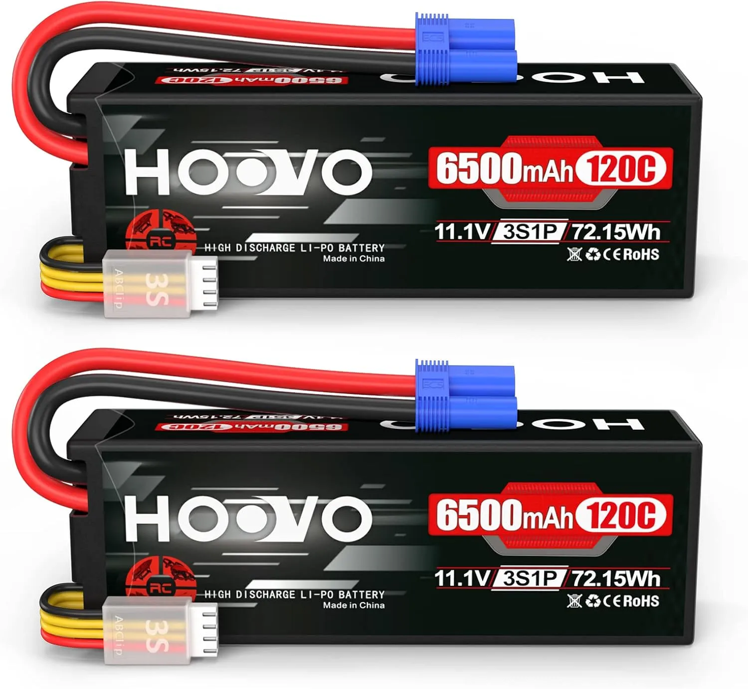 HOOVO 3S 11.1V Lipo Battery 6500mAh 120C RC Lipo Batteries Hard Case EC5 Plug Compatible with 1/8 1/10 Scale Vehicles RC Car Trucks Truggy Boats(2 Packs)
