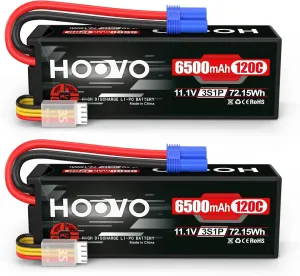 HOOVO 3S 11.1V Lipo Battery 6500mAh 120C RC Lipo Batteries Hard Case EC5 Plug Compatible with 1/8 1/10 Scale Vehicles RC Car Trucks Truggy Boats(2 Packs)