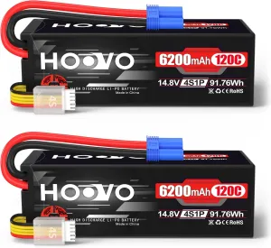 HOOVO 4S Lipo Battery 14.8V 6200mAh 120C RC Battery EC5 Plug Hard Case for RC Car Truck Buggy RC Quadcopter Helicopter Airplane Racing FPV UAV Drone (2 Pack)