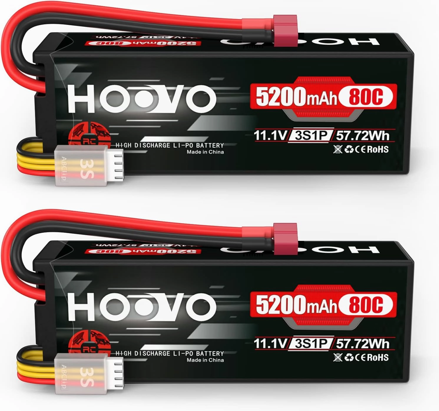HOOVO 3S Lipo Battery 5200mAh 11.1V 80C Hardcase RC Battery with T Plug for RC Cars RC Truck Helicopter Airplane(2 Pack)