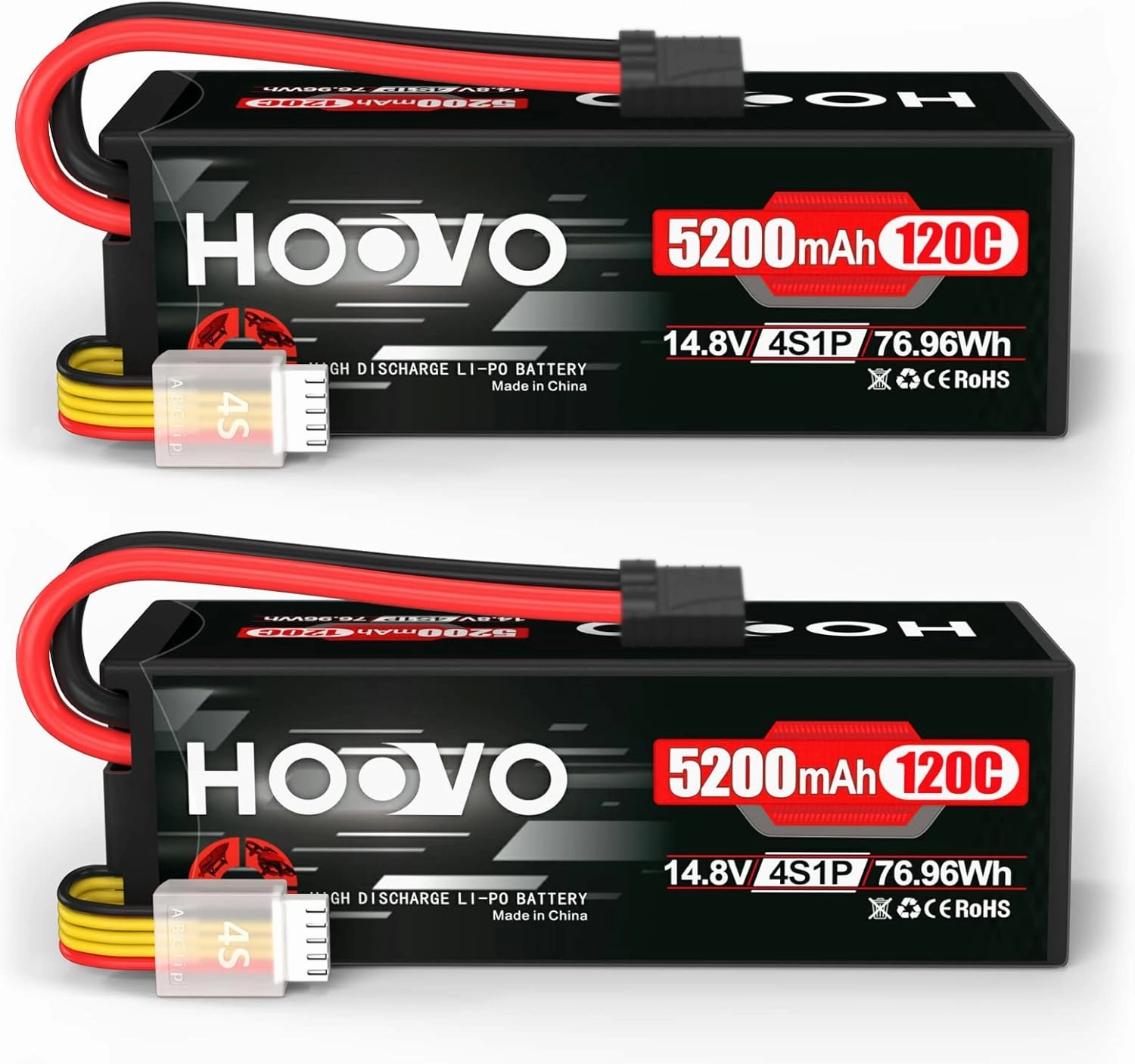HOOVO 4S Lipo Battery 14.8V 120C 5200mAh RC Car Battery Hard Case with TR Plug Compatible for 1/8 and 1/10 RC Car Buggy Truggy Truck Slash 4X4 Crawler Monster 2 Pack