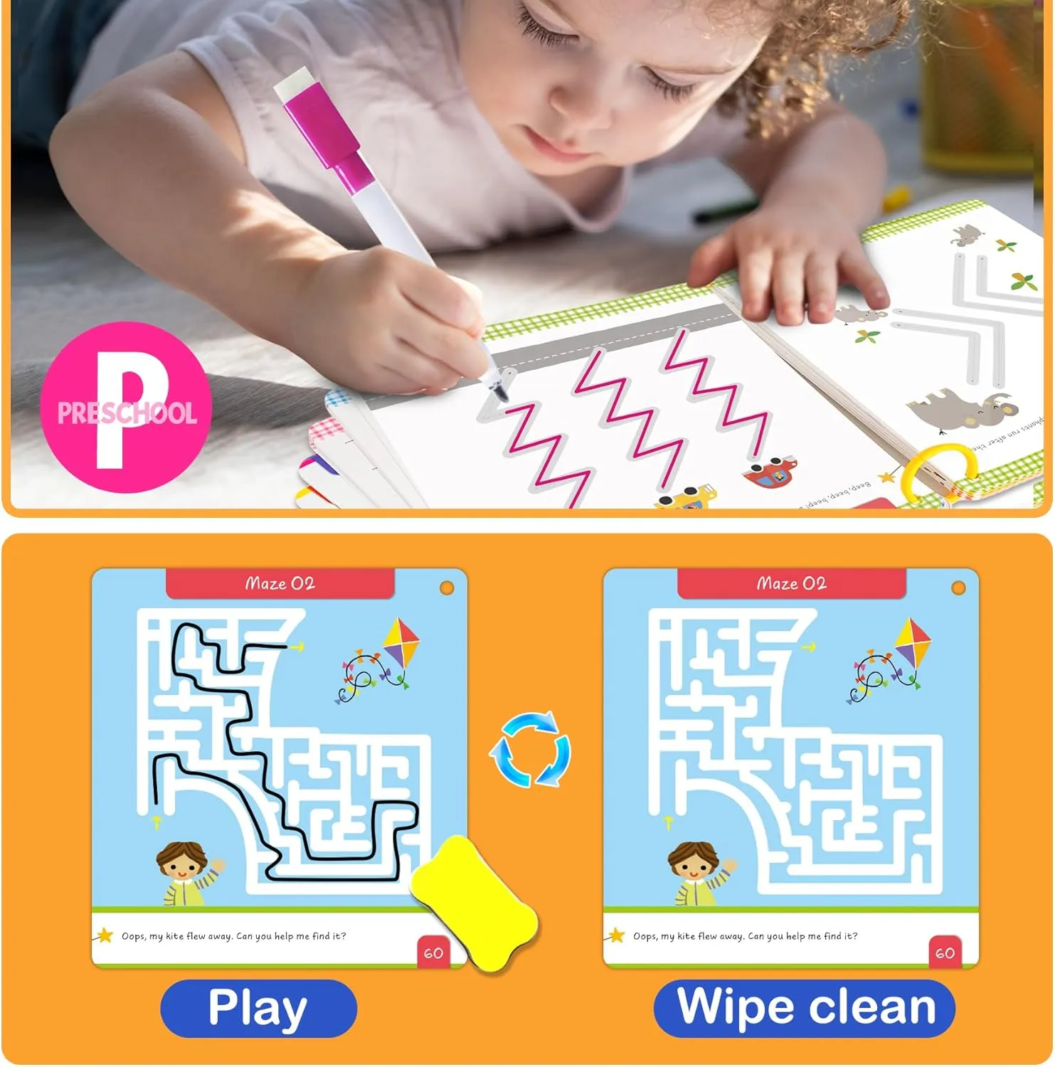 HOQEEWIPE Preschool Learning Activities Workbook - Fun Reusable 60 Pages Tracing Books for Kids Ages 3-5, Numbers, Letters, Fine Motor Skills Educational Learning Toys for Toddlers 2-4 Years Old