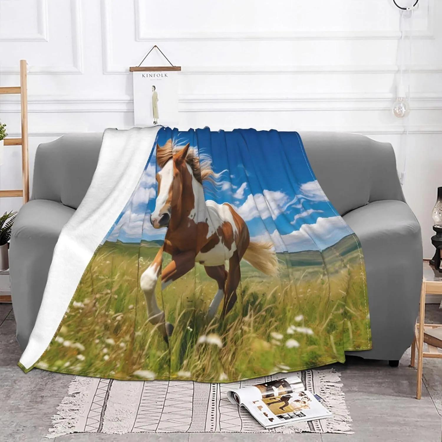 Horses on The Prairie Soft Fleece Blanket, 60 * 50 inch Soft Sofa Blanket, Suitable for Sofa Camping Travel Night Cover Blanket
