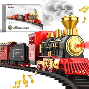 Hot Bee Train Set - Train Toys for Boys with Smokes, Lights and Sound, Toy Train Set for Under Christmas Tree, Toddler Model Trains for 3 4 5 6 7 8  Years Old Kids Christmas Toys Gifts