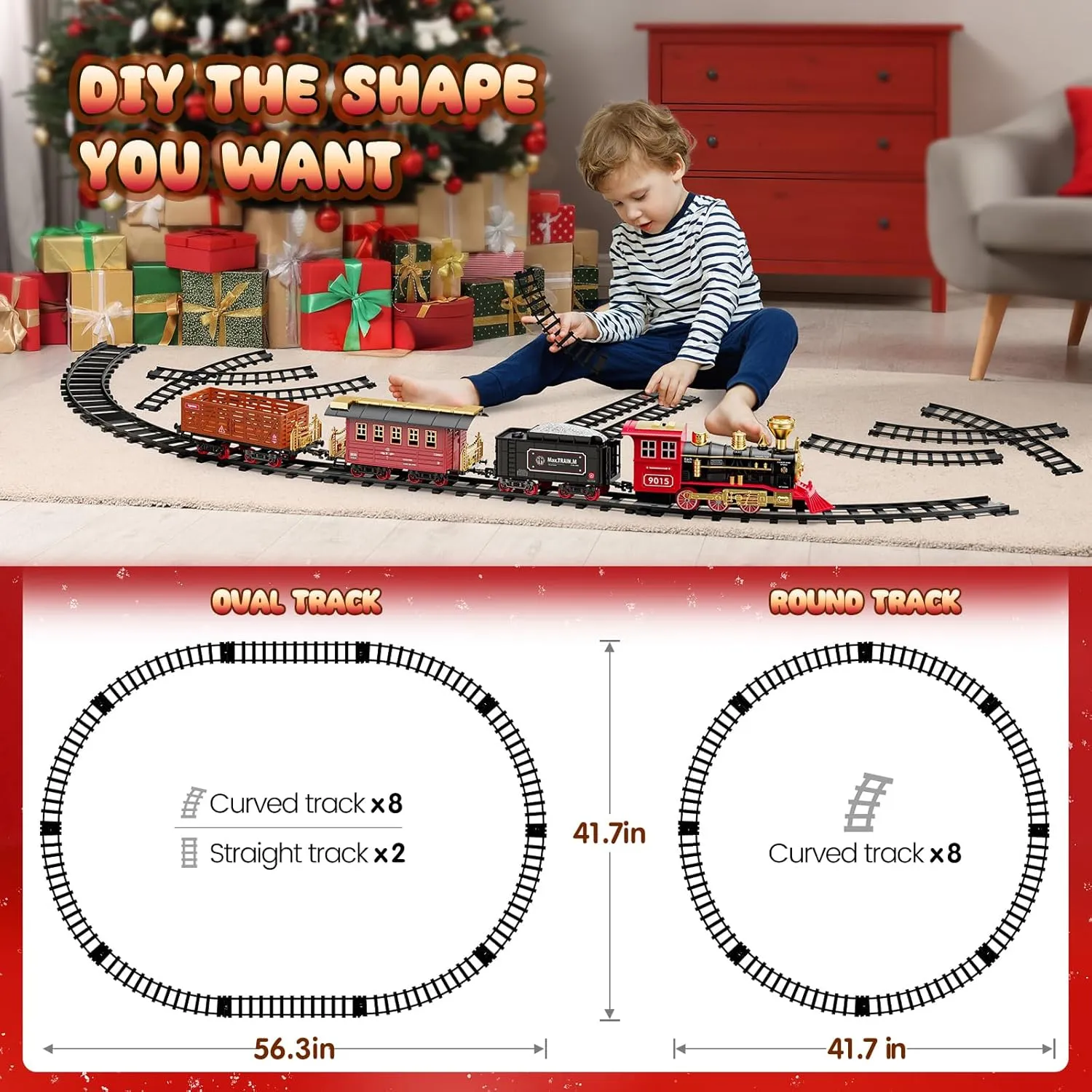 Hot Bee Train Set - Train Toys for Boys with Smokes, Lights and Sound, Toy Train Set for Under Christmas Tree, Toddler Model Trains for 3 4 5 6 7 8  Years Old Kids Christmas Toys Gifts