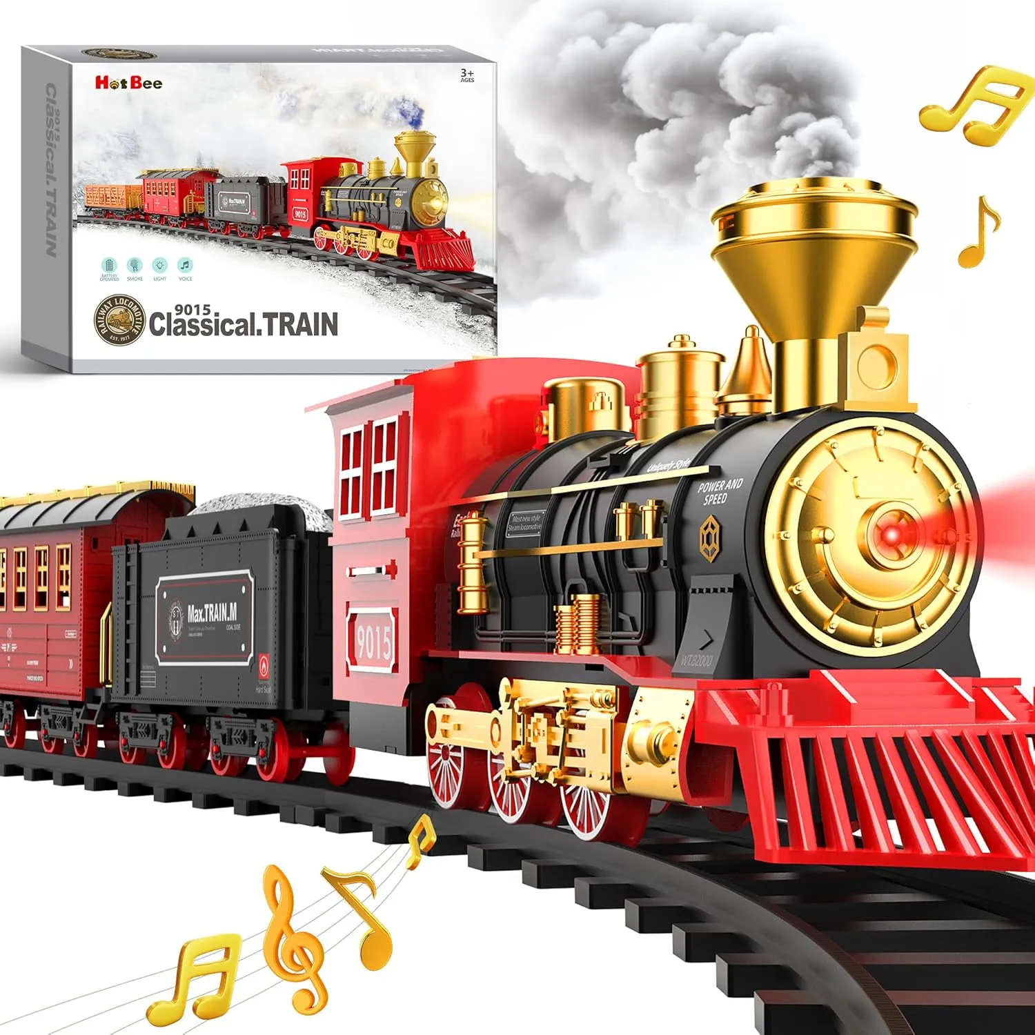 Hot Bee Train Set - Train Toys for Boys with Smokes, Lights and Sound, Toy Train Set for Under Christmas Tree, Toddler Model Trains for 3 4 5 6 7 8  Years Old Kids Christmas Toys Gifts