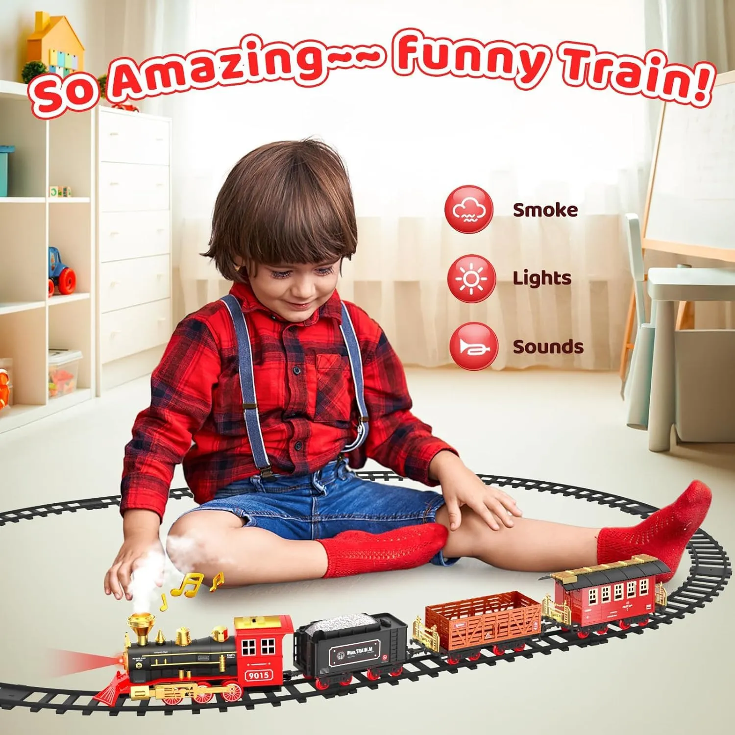 Hot Bee Train Set - Train Toys for Boys with Smokes, Lights and Sound, Toy Train Set for Under Christmas Tree, Toddler Model Trains for 3 4 5 6 7 8  Years Old Kids Christmas Toys Gifts