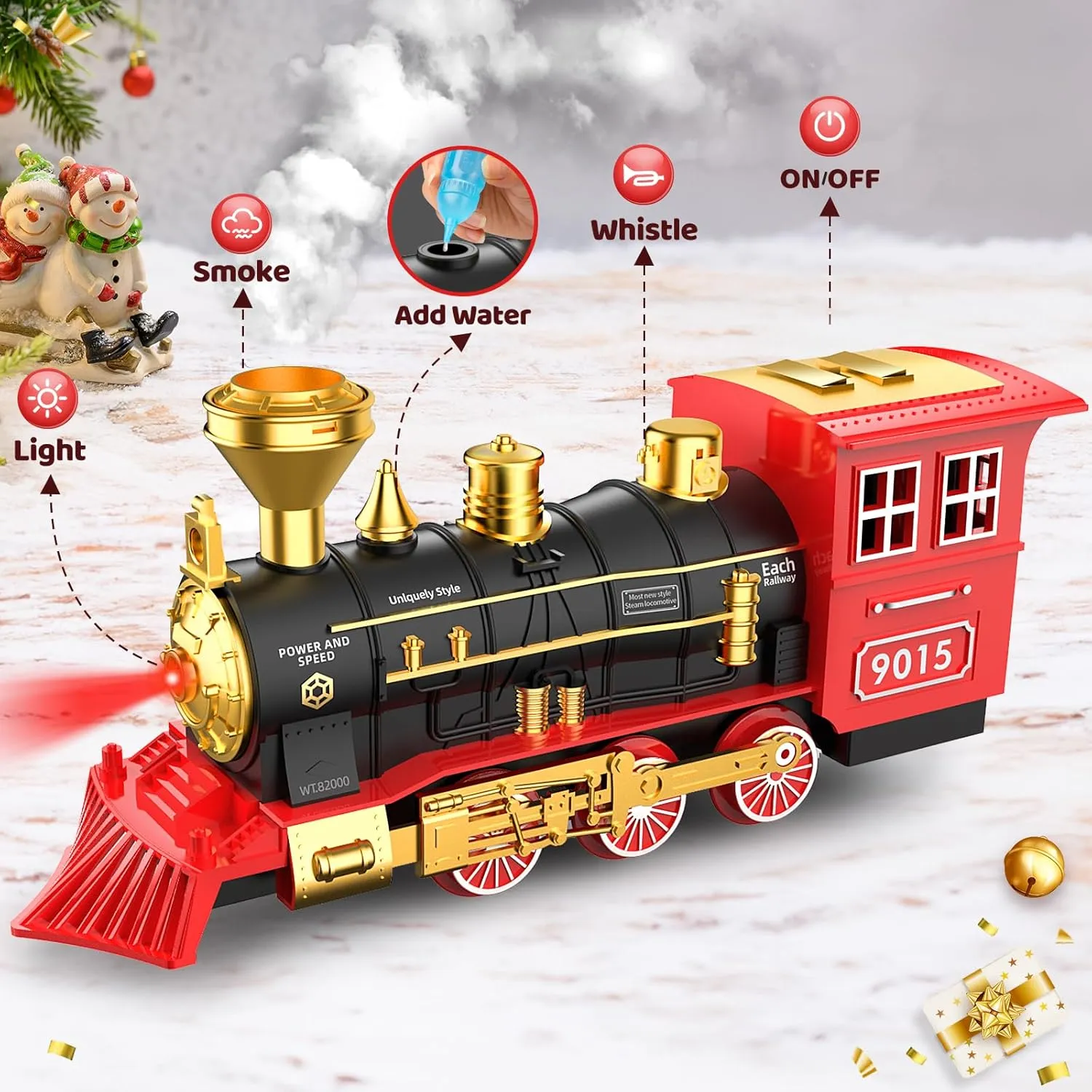 Hot Bee Train Set - Train Toys for Boys with Smokes, Lights and Sound, Toy Train Set for Under Christmas Tree, Toddler Model Trains for 3 4 5 6 7 8  Years Old Kids Christmas Toys Gifts