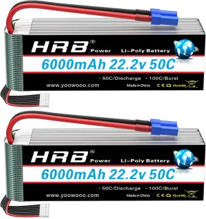 HRB 2pcs 6S 6000mAh Lipo Battery EC5 50C-100C 22.2V RC Lipo Battery Compatible with RC Helicopter Airplane Car Boat Truck