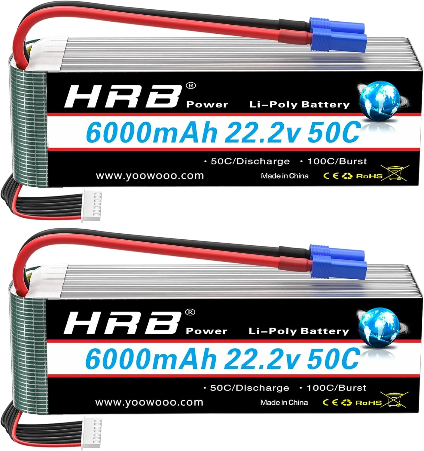 HRB 2pcs 6S 6000mAh Lipo Battery EC5 50C-100C 22.2V RC Lipo Battery Compatible with RC Helicopter Airplane Car Boat Truck