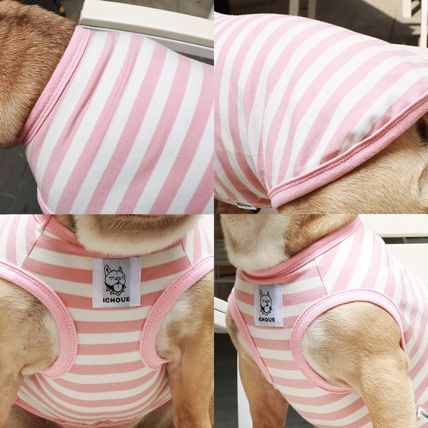 iChoue 2pcs French Bulldog Striped Shirts 100% Breathable Cotton Tank Tops Vests Clothes for Frenchie Dogs, Pink and Purple Stripes, Medium