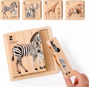 IEATFO 4 in 1 Wooden Animal Chunky Puzzle, 5 Solid Wood Puzzle Blocks with 4 Sides Realistic Safari Animals, Wooden Block Puzzle with Durable Base for Toddlers 3  Years - Montessori Inspired