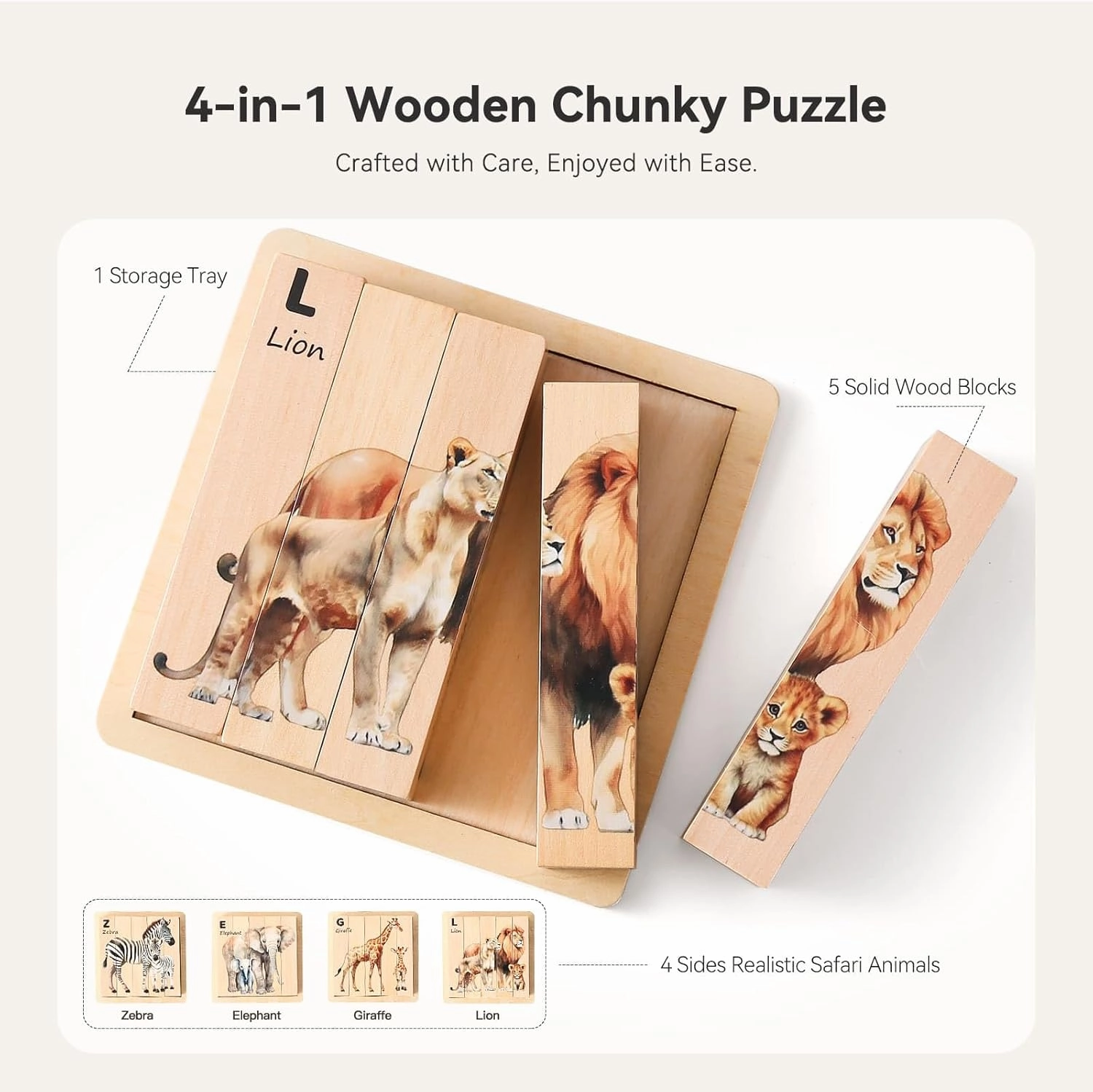 IEATFO 4 in 1 Wooden Animal Chunky Puzzle, 5 Solid Wood Puzzle Blocks with 4 Sides Realistic Safari Animals, Wooden Block Puzzle with Durable Base for Toddlers 3  Years - Montessori Inspired