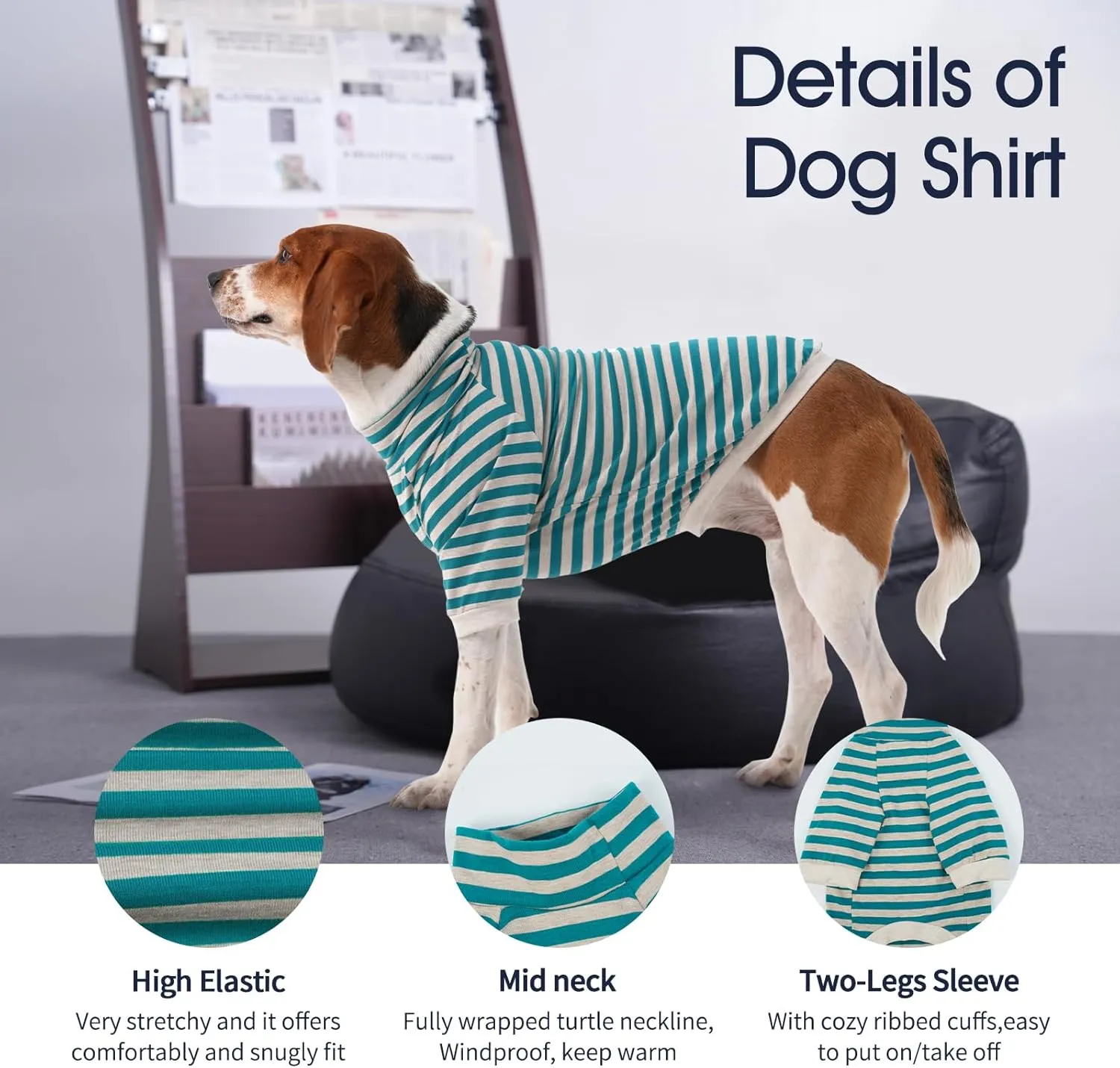 IECOii 2 Packs|4XLarge|High Neck Breathable Dog Pullover Shirt with Sleeve|Quick Dry Daily Wear|Soft Pjs Homewear,Pet Top Underwear|Full Belly Coverage Sweatshirt Great Dane,BlueStripe  Darkgrey
