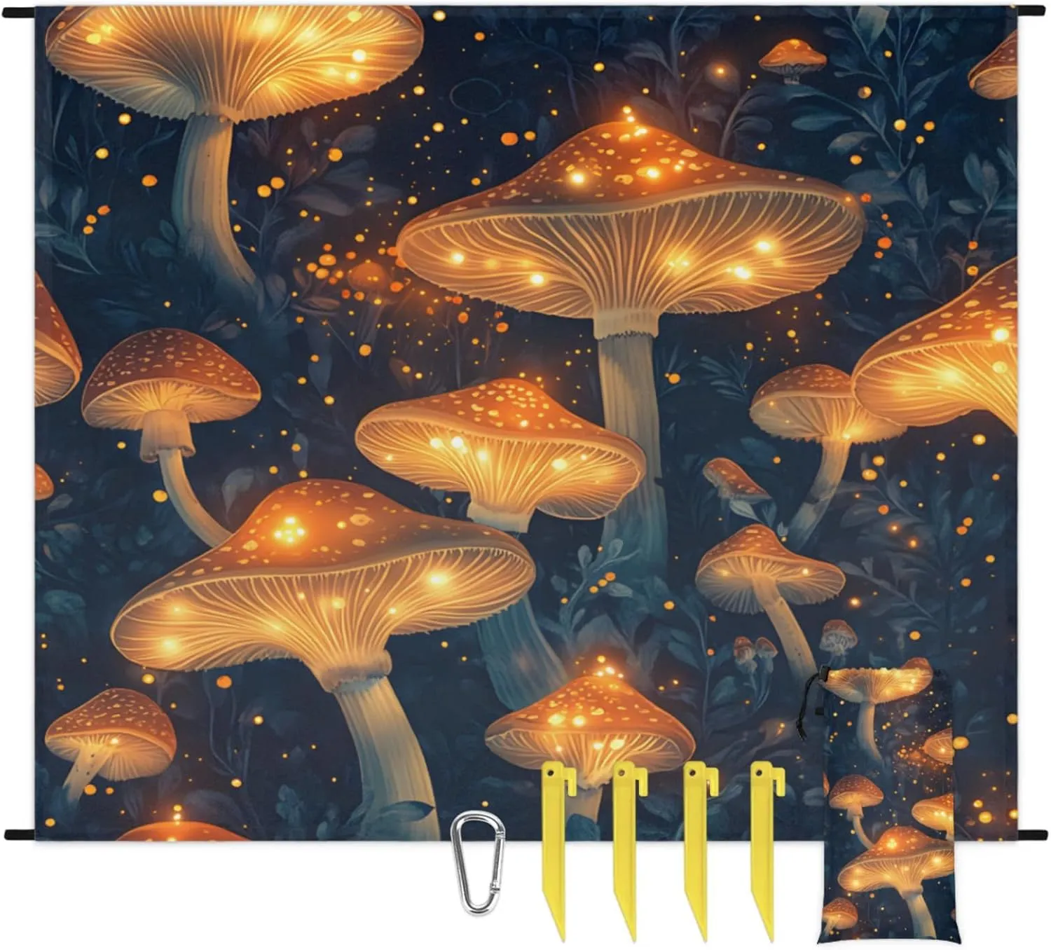 Illuminated Mushroom Beach Blanket - Waterproof Sandproof Portable Outdoor Picnic Mat (68 “x59”) with Storage Bag and Spikes - Designed for Beach, Camping, picnics, Music Festivals.