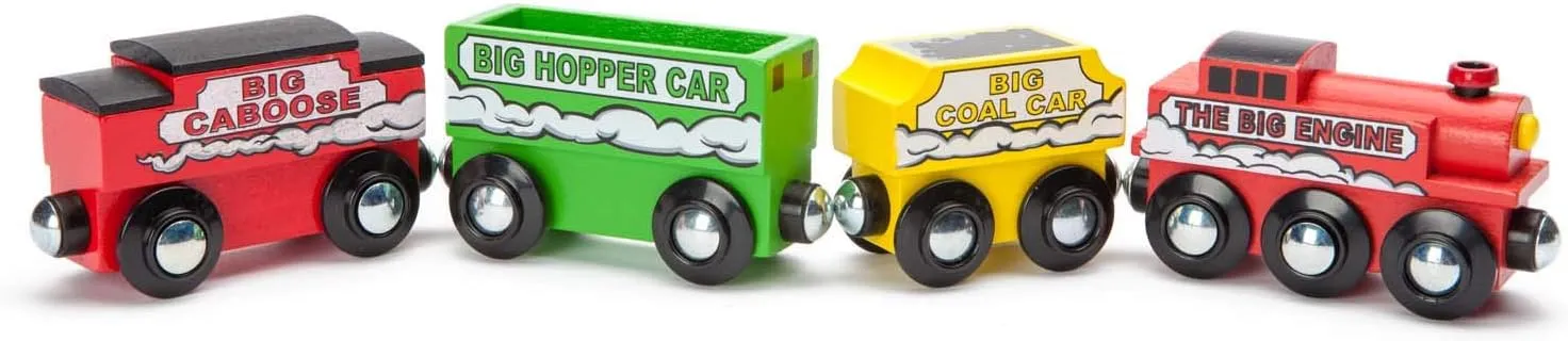 inc. Wooden Train Engine Set with Coal Car, Hopper Car and Caboose, Big Size Steam Engine Locomotive and Cars with Magnetic Connectors, Compatible with Major Brand Wooden Railways