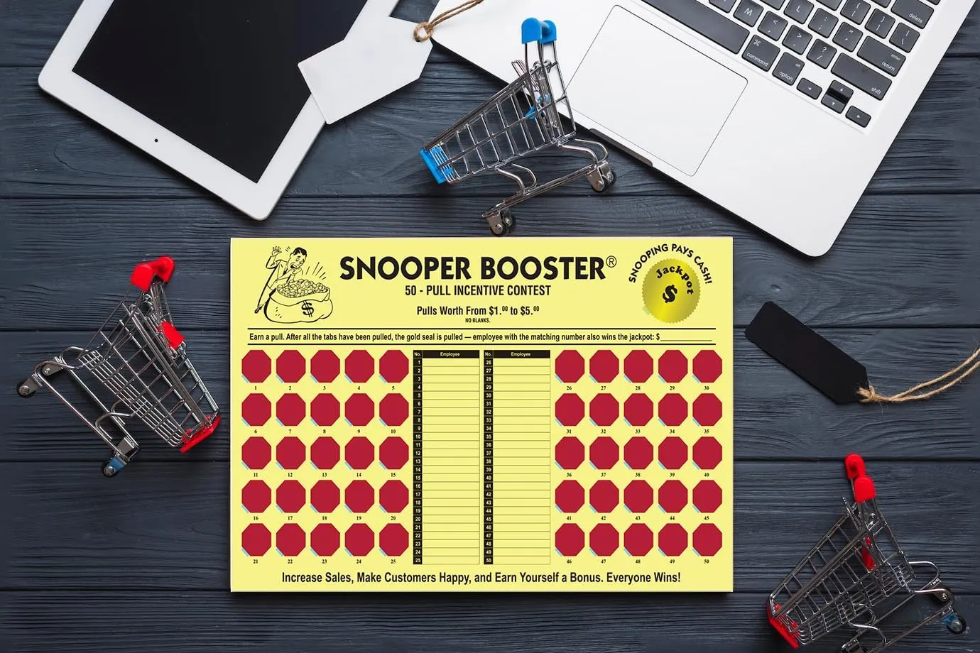 Incentive Cash Board - Snooper Booster 17"" x 10-3/4"" Yellow 10-Point Stock with Black Ink and 50 Red Pull Tabs - Motivational Employee Performance Tool - Pack of 3