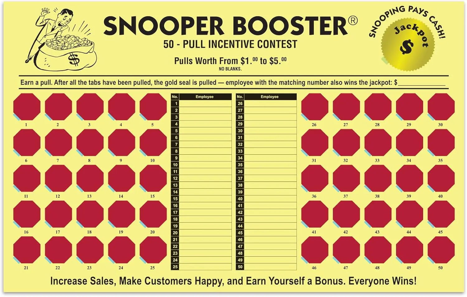 Incentive Cash Board - Snooper Booster 17"" x 10-3/4"" Yellow 10-Point Stock with Black Ink and 50 Red Pull Tabs - Motivational Employee Performance Tool - Pack of 3