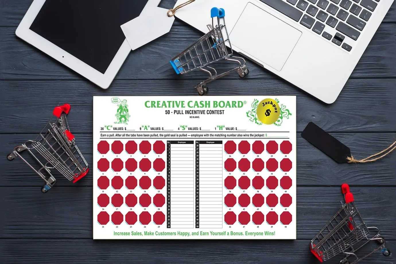 Incentive Cash Boards - 17"" x 10-3/4"" Creative Cash Board with 50 Red Pull Tabs - 10-point White Stock Cash Board for Motivating Automotive Service Teams - Pack of 4