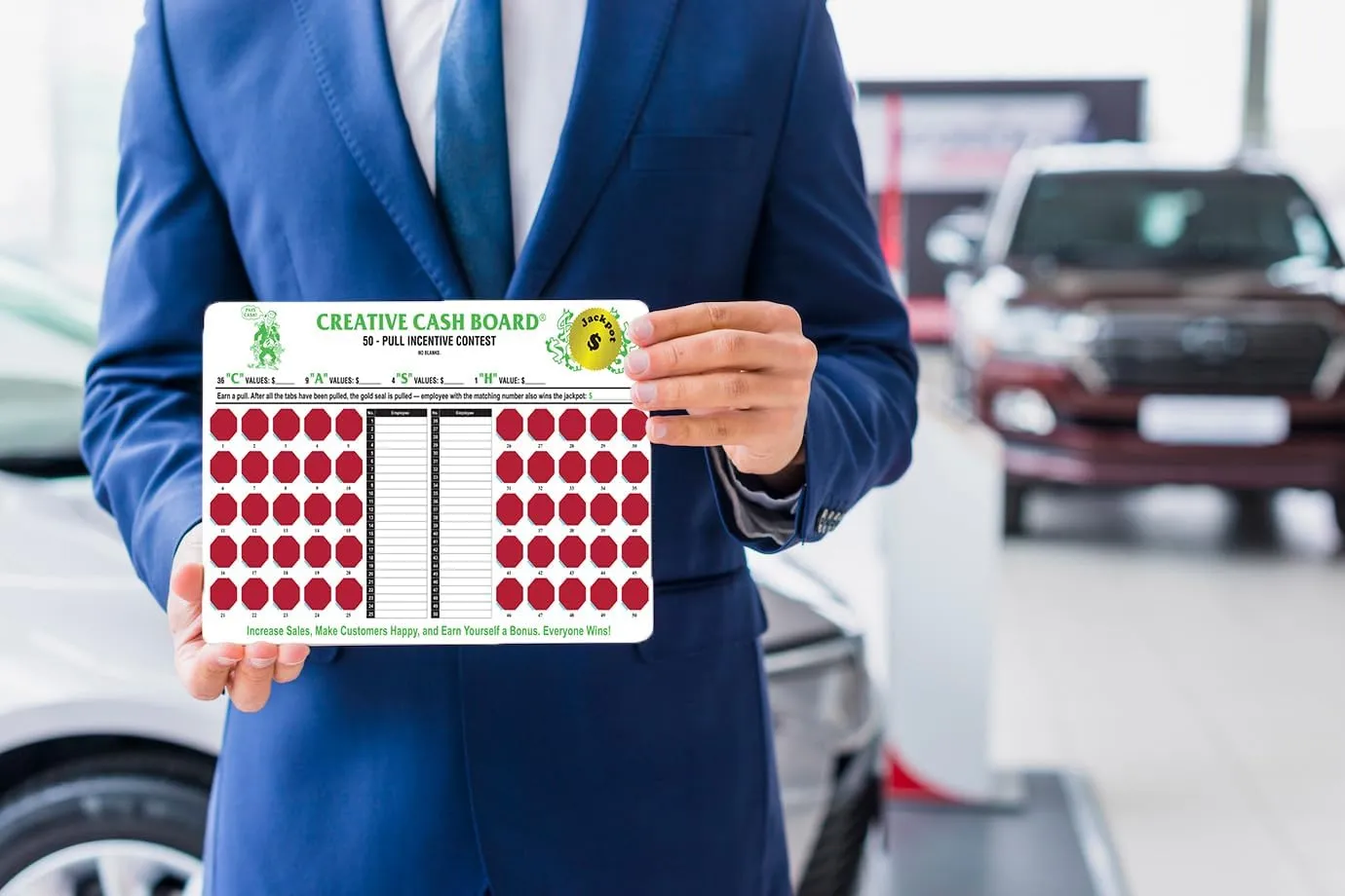 Incentive Cash Boards - 17"" x 10-3/4"" Creative Cash Board with 50 Red Pull Tabs - 10-point White Stock Cash Board for Motivating Automotive Service Teams - Pack of 4