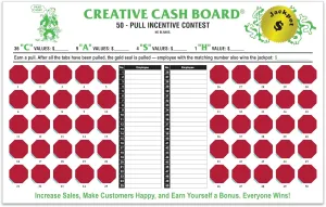 Incentive Cash Boards - 17"" x 10-3/4"" Creative Cash Board with 50 Red Pull Tabs - 10-point White Stock Cash Board for Motivating Automotive Service Teams - Pack of 4